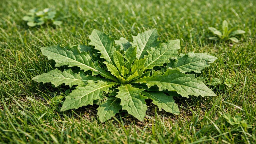 Großes Einzelunkraut als Rosette im Rasen, klar abgegrenzt vom Gras (z. B. Löwenzahn/Wegerich).