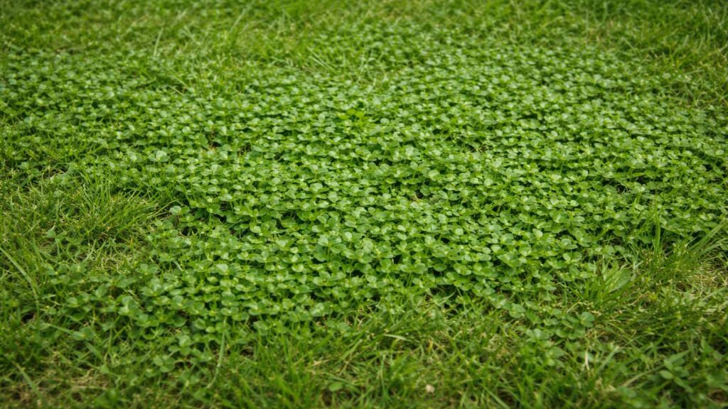Kriechendes Teppichunkraut bildet eine flächige Matte zwischen den Grashalmen (z. B. Ehrenpreis/Vogelmiere).
