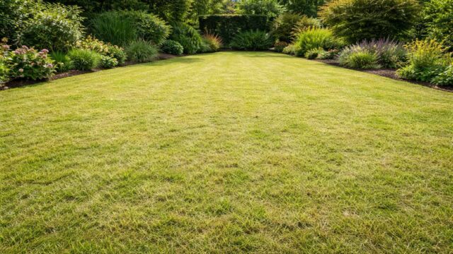 Rasen ist nach dem Vertikutieren gleichmäßig hell/gelb, aber noch geschlossen – typischer Kurzstress.