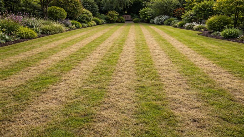 Gelbe Streifen verlaufen nach dem Vertikutieren parallel in Fahrtrichtung – typisch bei zu tiefer Einstellung/zu vielen Bahnen.
