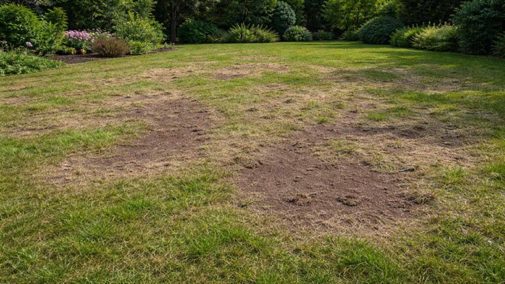 Nach dem Vertikutieren sind kahle Stellen mit sichtbarer Erde entstanden – hier ist Reparatur/Nachsaat nötig.