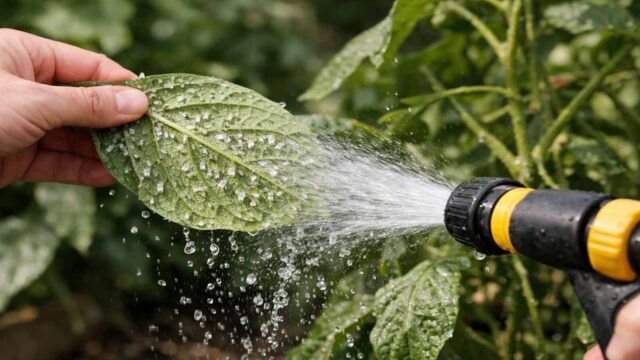 Pflanze wird mit feinem Wasserstrahl gründlich abgeduscht, besonders die Blattunterseiten gegen Weiße Fliege.
