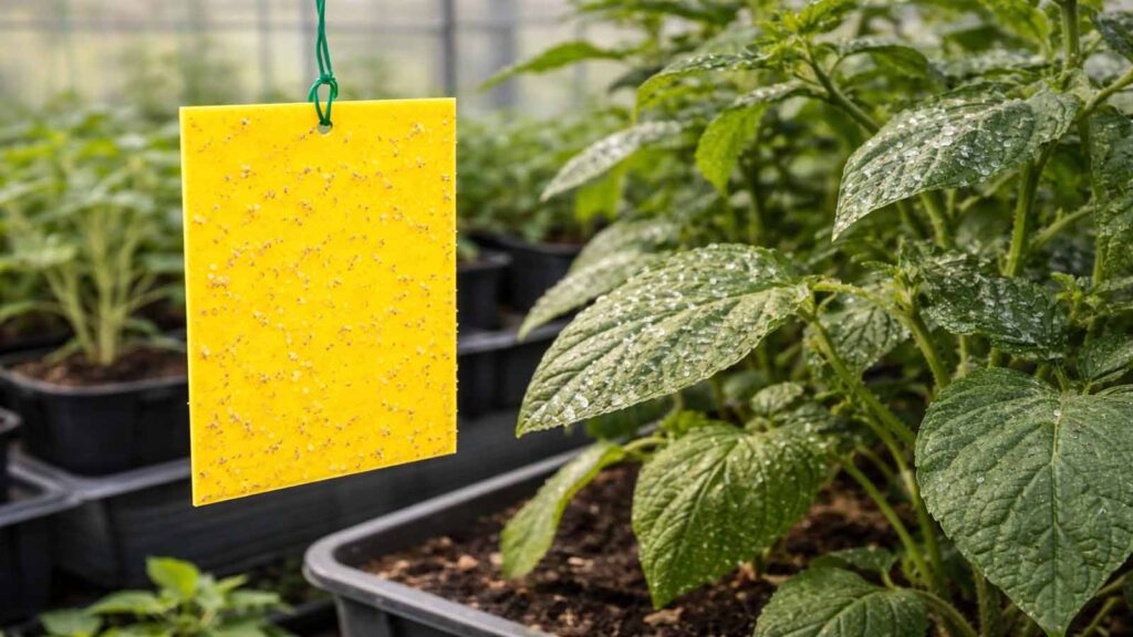 Gelbtafel hängt neben einer Pflanze und fängt fliegende Weiße Fliegen – als Kontrolle des Befalls.
