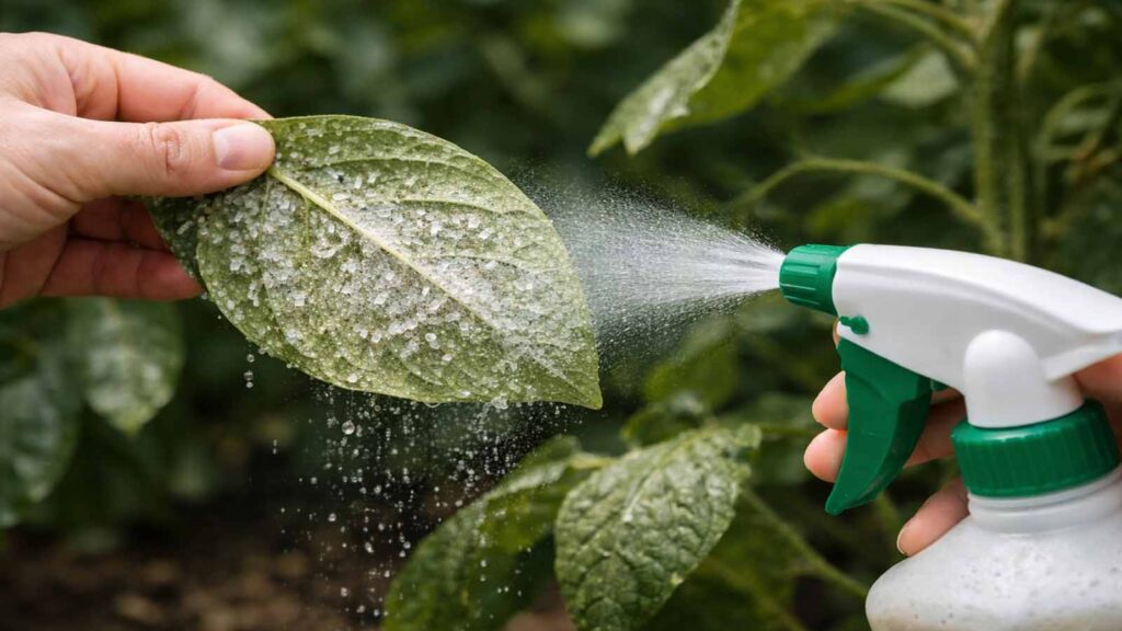 Milde Seifenlösung wird gezielt auf die Blattunterseiten gesprüht – typische Anwendung gegen Weiße Fliege.