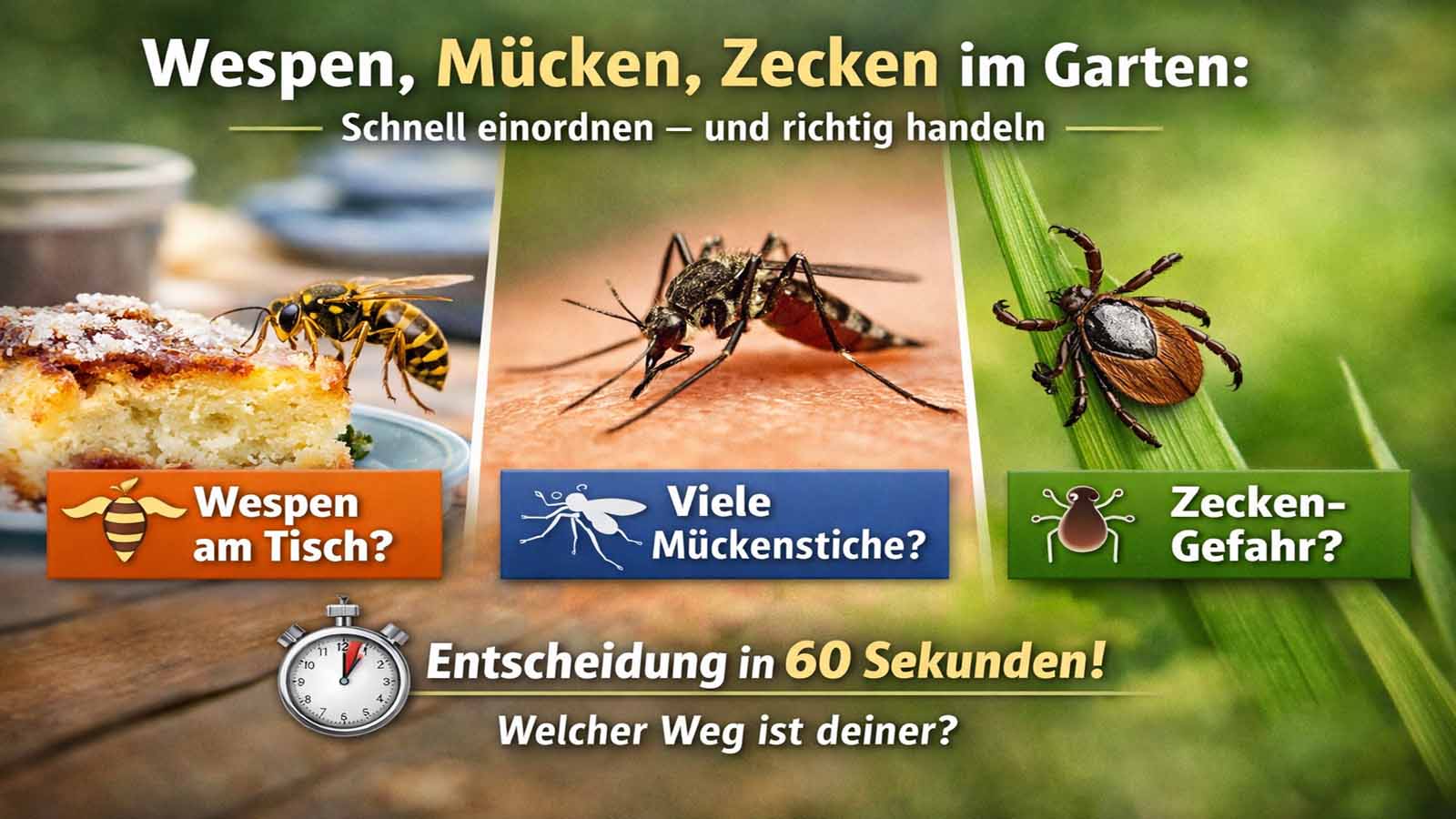 Beitragsbild: Wespe am Kuchen (Wespen am Tisch), Mücke auf Haut (Mückenstiche) und Zecke auf Grashalm (Zecken-Gefahr) – Entscheidung in 60 Sekunden.