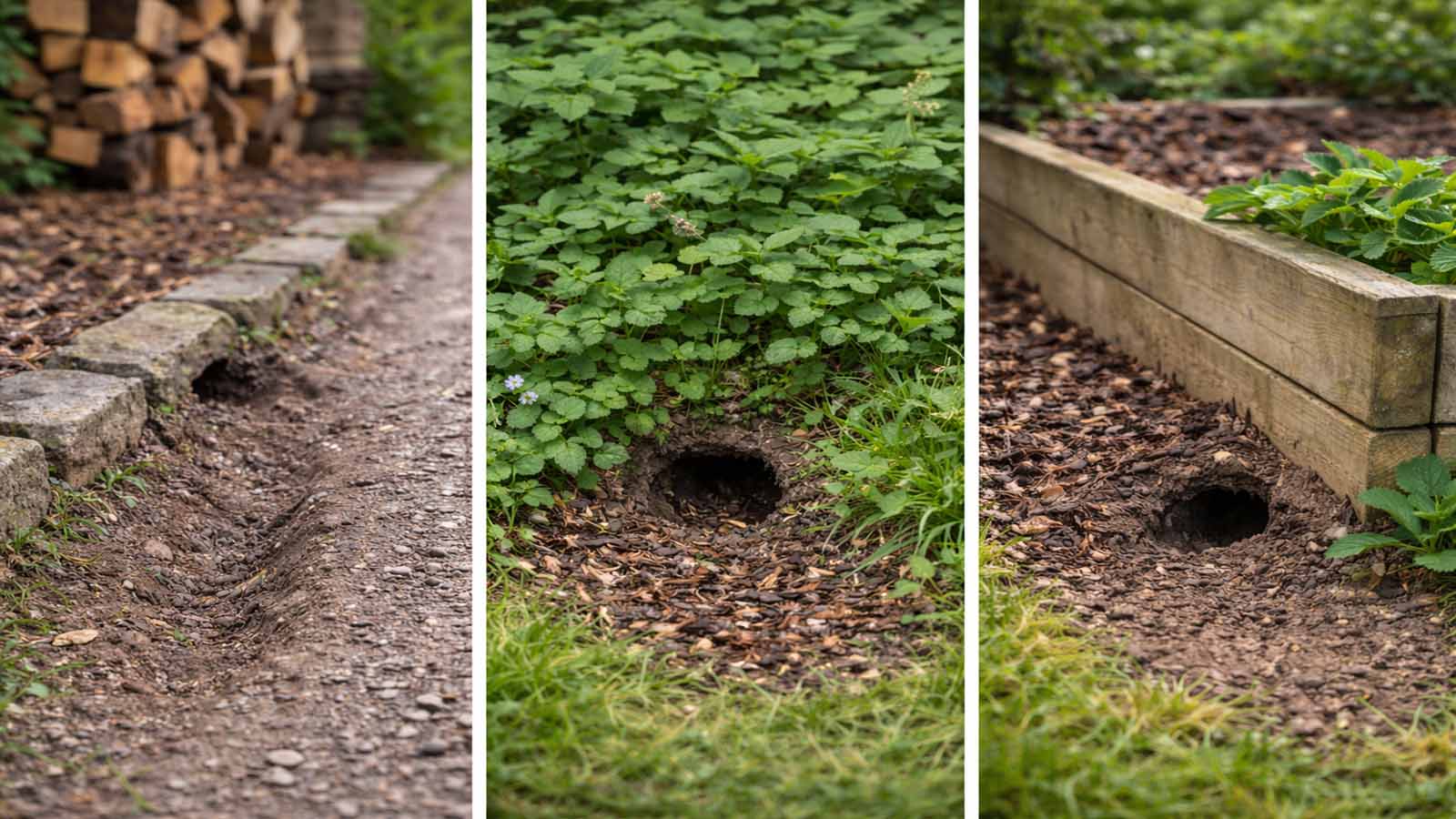 Typische Gangstellen: entlang von Beetkanten und unter Bodendeckern, teils mit offenem Eingang nahe Mulch oder Kompost.