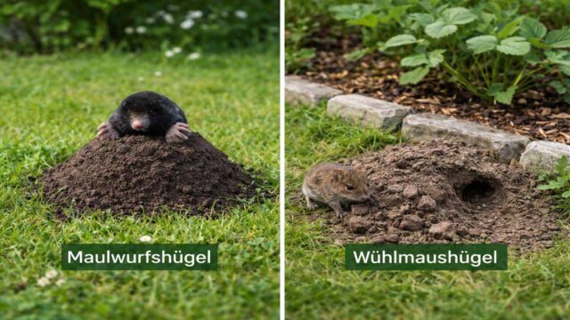 Vergleich Hügel: Maulwurf mit symmetrischem feinkrümeligem Hügel ohne Loch, Wühlmaus mit flacherem grobem Häufchen und möglichem Loch daneben.