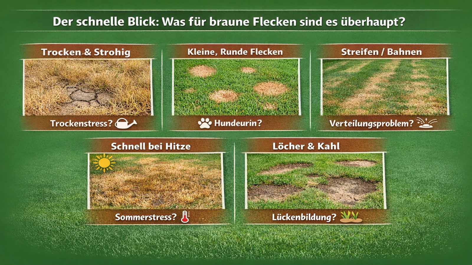 Fünfteilige Grafik zu braunen Flecken im Rasen: trocken-strohige Flächen, kleine runde Flecken, Streifen oder Bahnen, schnell schlimmer bei Hitze und braune Stellen, die in kahle Lücken übergehen.