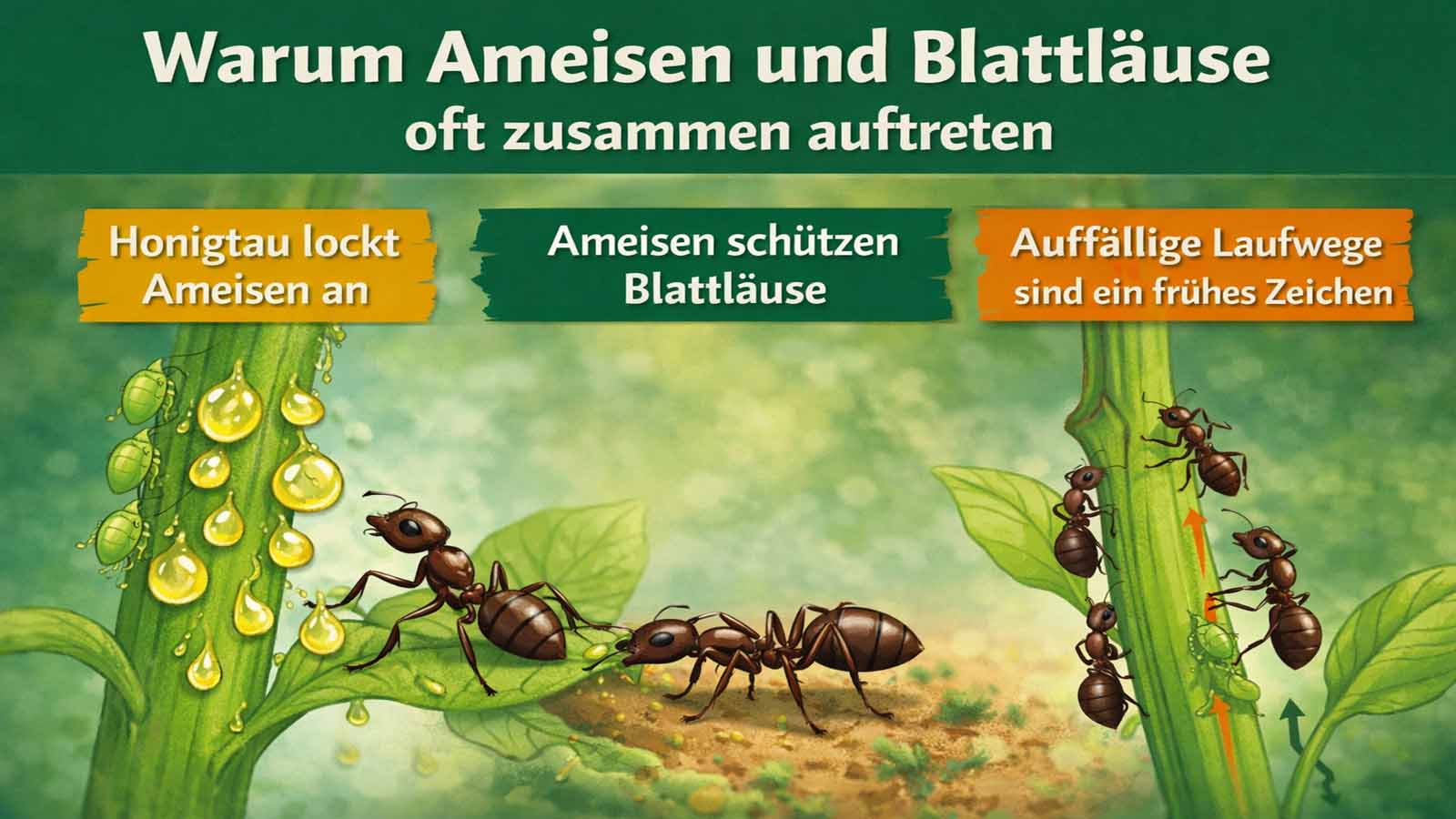 Querformat-Illustration mit Ameisen und Blattläusen an grünen Pflanzentrieben. Sichtbare Honigtau-Tropfen locken Ameisen an, während weitere Ameisen gezielt an der Pflanze auf- und ablaufen. Die Grafik veranschaulicht den typischen Zusammenhang zwischen Blattlausbefall, Honigtau und Ameisenlaufwegen.