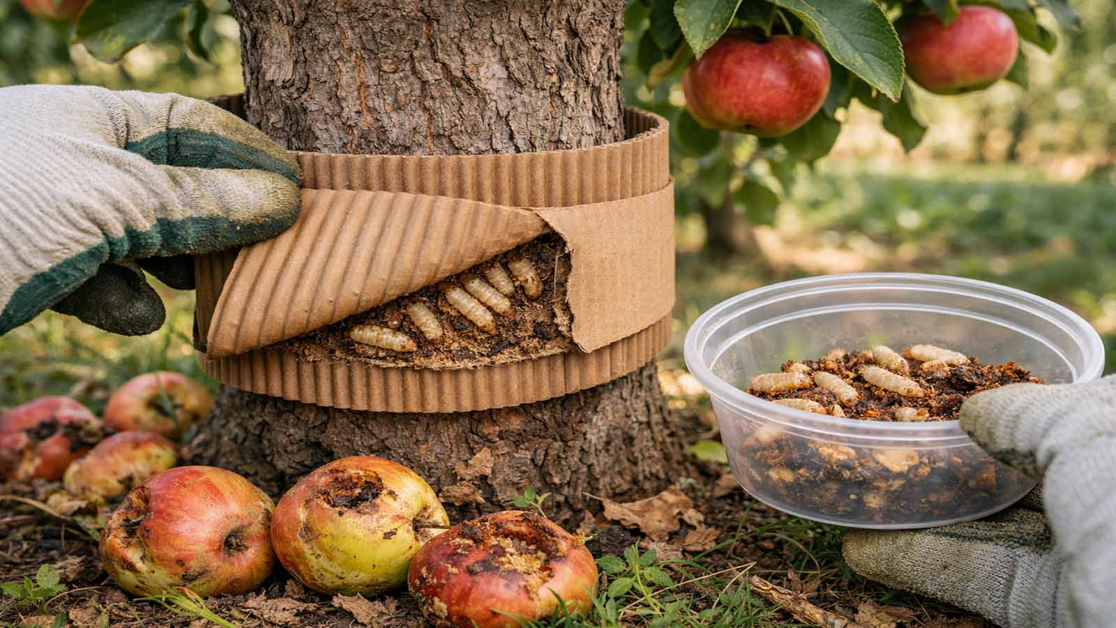 Wellpappe-Gürtel am Apfelbaum wird angehoben, darunter sichtbare Apfelwickler-Larven; daneben Fallobst und Sammelbehälter im Obstgarten.