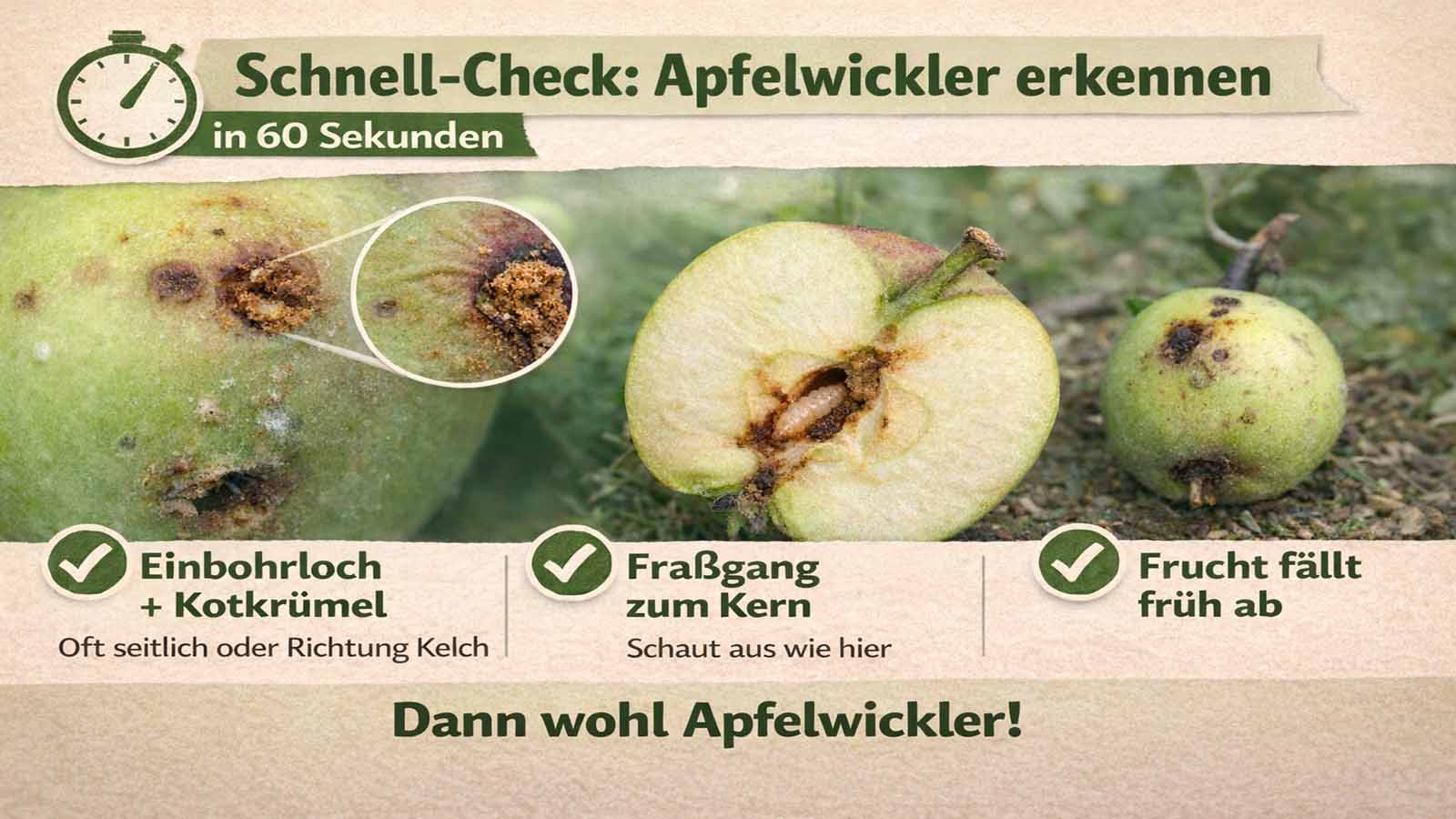 Infografik im Querformat: Apfel mit Einbohrloch und braunen Kotkrümeln, aufgeschnittener Apfel mit Fraßgang Richtung Kern und Larve, sowie früh abgefallene Frucht – Schnell-Check Apfelwickler.
