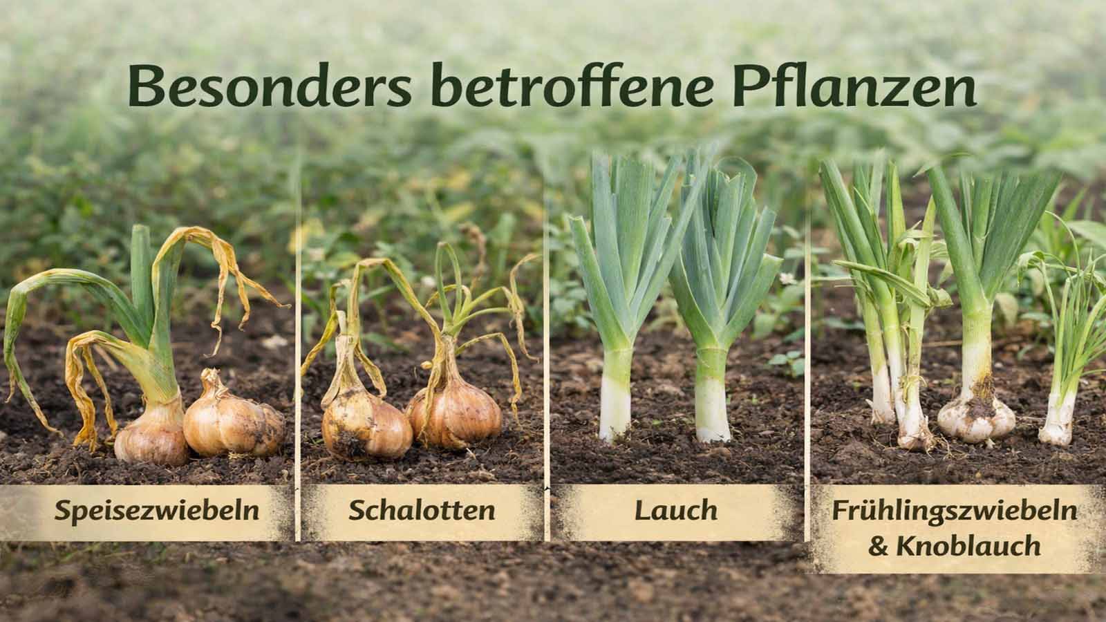 Querformatiges Beitragsbild mit vier betroffenen Zwiebelgewächsen im Beet: Speisezwiebeln, Schalotten, Lauch sowie Frühlingszwiebeln und Knoblauch. Die Pflanzen sind nebeneinander dargestellt, um typische betroffene Kulturen bei Zwiebelfliege zu zeigen.