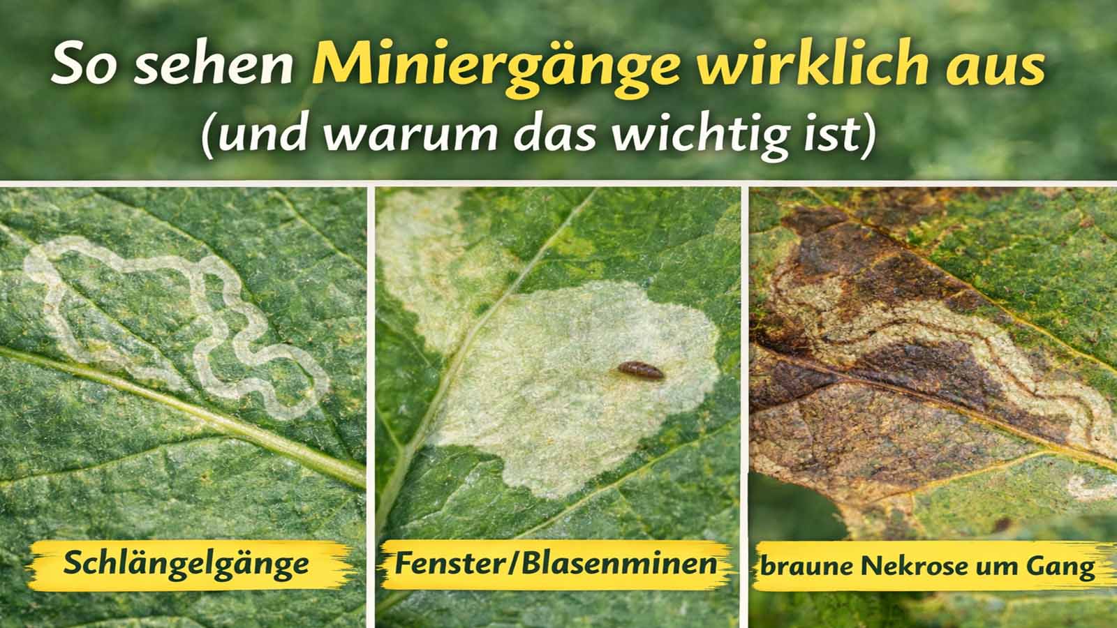 Drei Blattbereiche im Vergleich: links frische, helle Schlängelgänge; mittig eine aufgehellte Fenster- bzw. Blasenmine; rechts ältere, braun verfärbte Nekrose mit erkennbarem Gangverlauf.