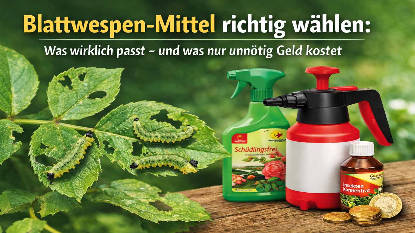 Beitragsbild mit Blattwespenlarven auf angefressenen Blättern sowie Sprühflasche, Drucksprüher und Konzentrat als Symbol für die gezielte Wahl passender Mittel gegen Blattwespen.