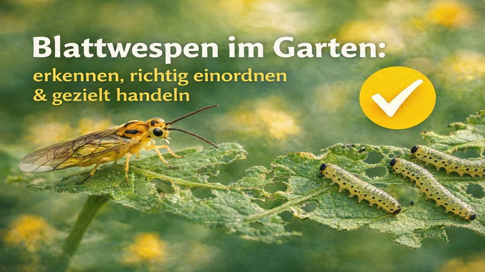 Beitragsbild mit erwachsener Blattwespe und mehreren Blattwespenlarven auf angefressenem Blatt, dazu der Text „Blattwespen im Garten: erkennen, richtig einordnen & gezielt handeln“ in Gartenkulisse.