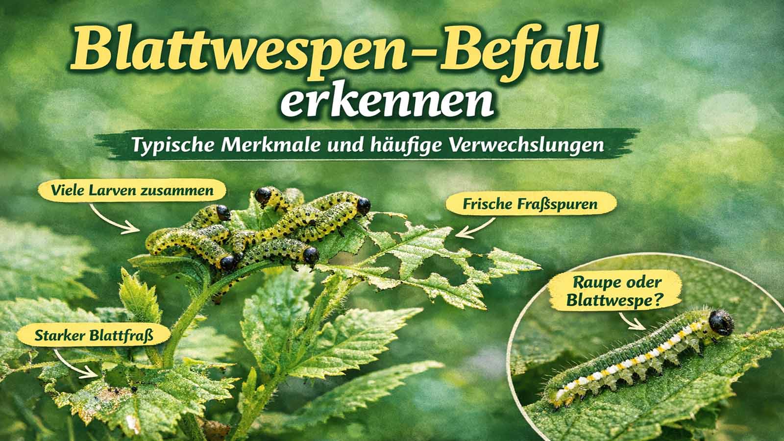Beitragsbild zu Blattwespen-Befall: mehrere Blattwespenlarven auf angefressenen Blättern mit frischen Fraßspuren und Hinweis auf mögliche Verwechslung mit Raupen.