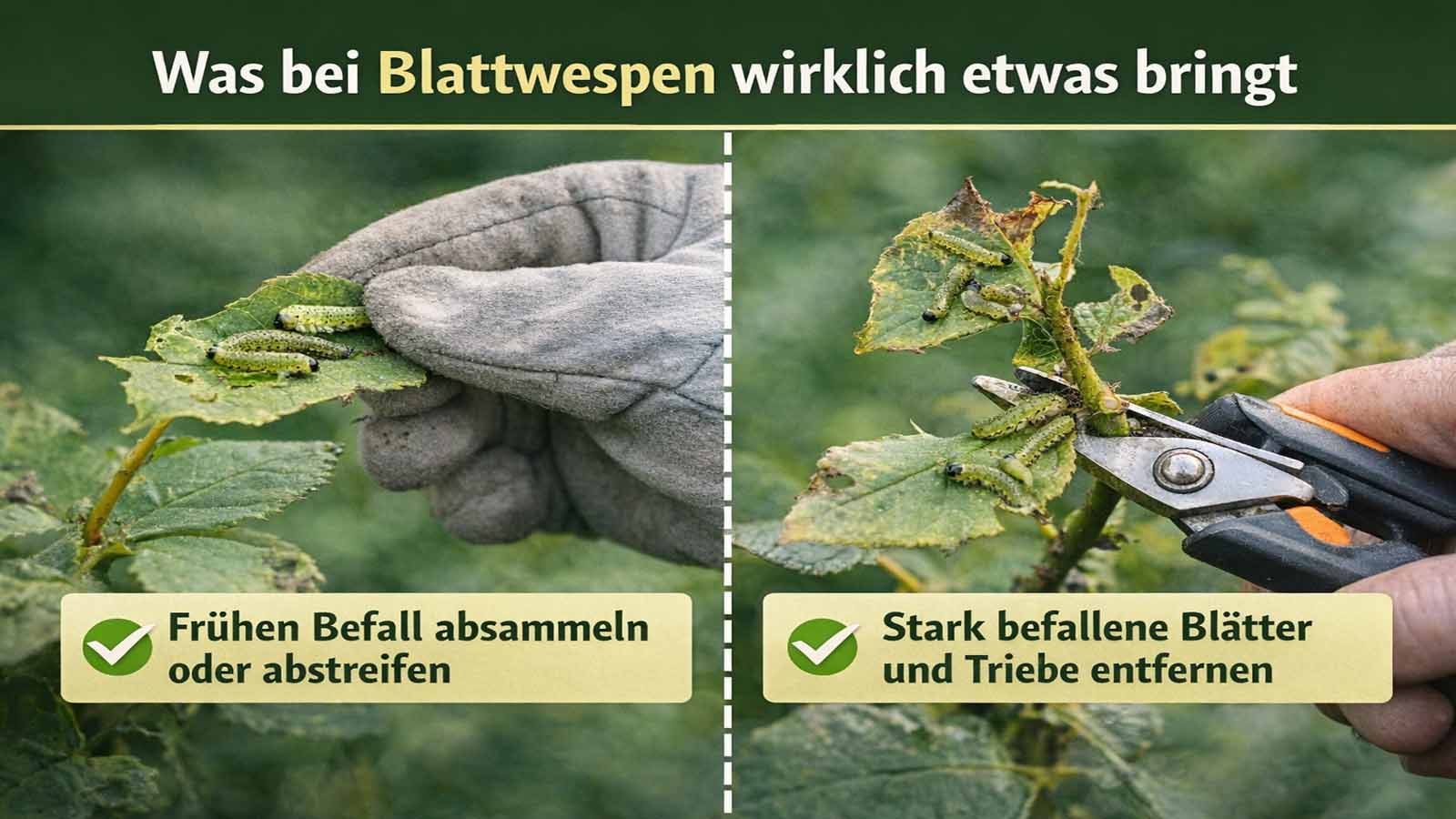 Zweigeteiltes Beitragsbild zur Blattwespen-Bekämpfung: links werden Blattwespenlarven von Hand abgesammelt, rechts werden stark befallene Blätter und Triebe mit einer Schere gezielt entfernt.