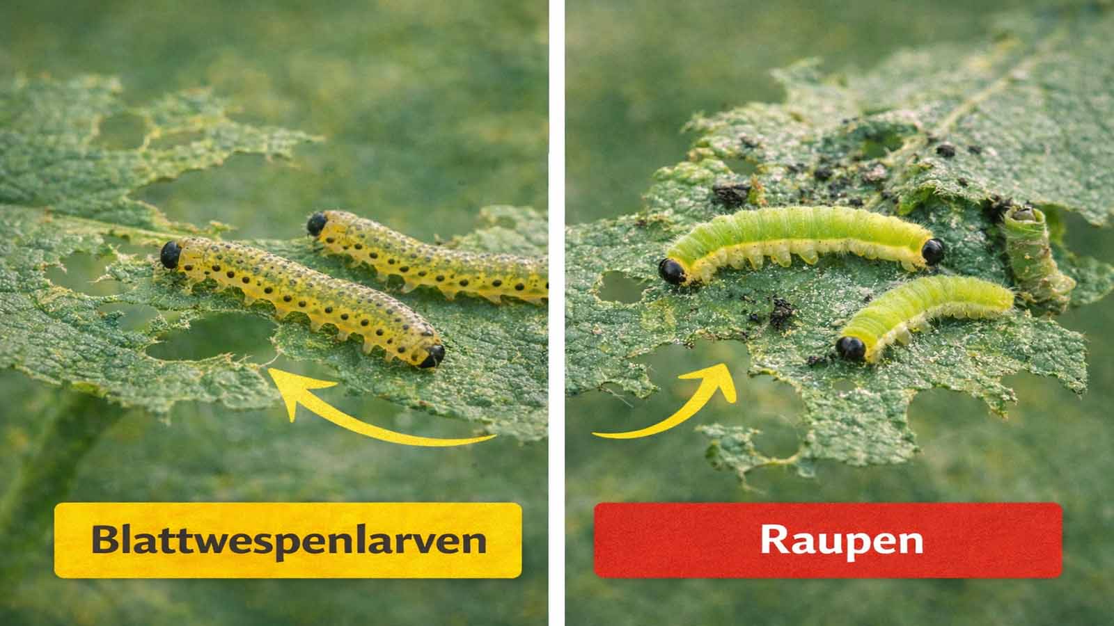 Geteiltes Vergleichsbild im Querformat: links mehrere Blattwespenlarven auf stark angefressenem Blatt mit Loch- und Randfraß, rechts Raupen auf beschädigtem Blatt mit Fraßspuren und Kotkrümeln.