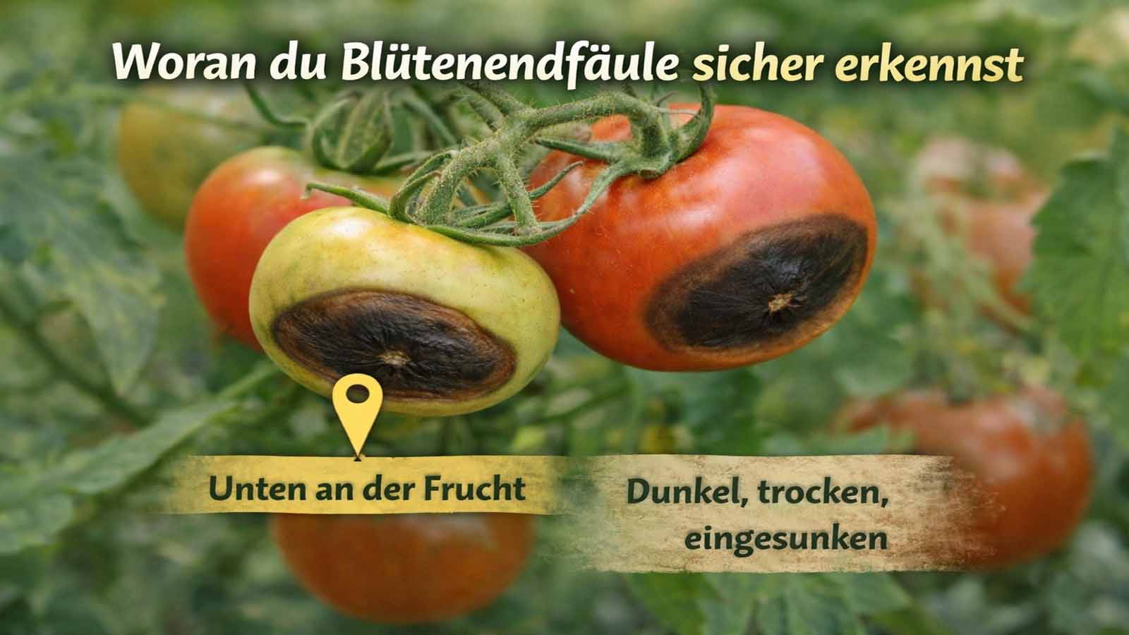Nahaufnahme von Tomaten an der Pflanze mit typischen dunklen, trockenen und eingesunkenen Stellen unten an der Frucht als Zeichen für Blütenendfäule. Wenig Text im Bild erklärt die zwei wichtigsten Erkennungsmerkmale.