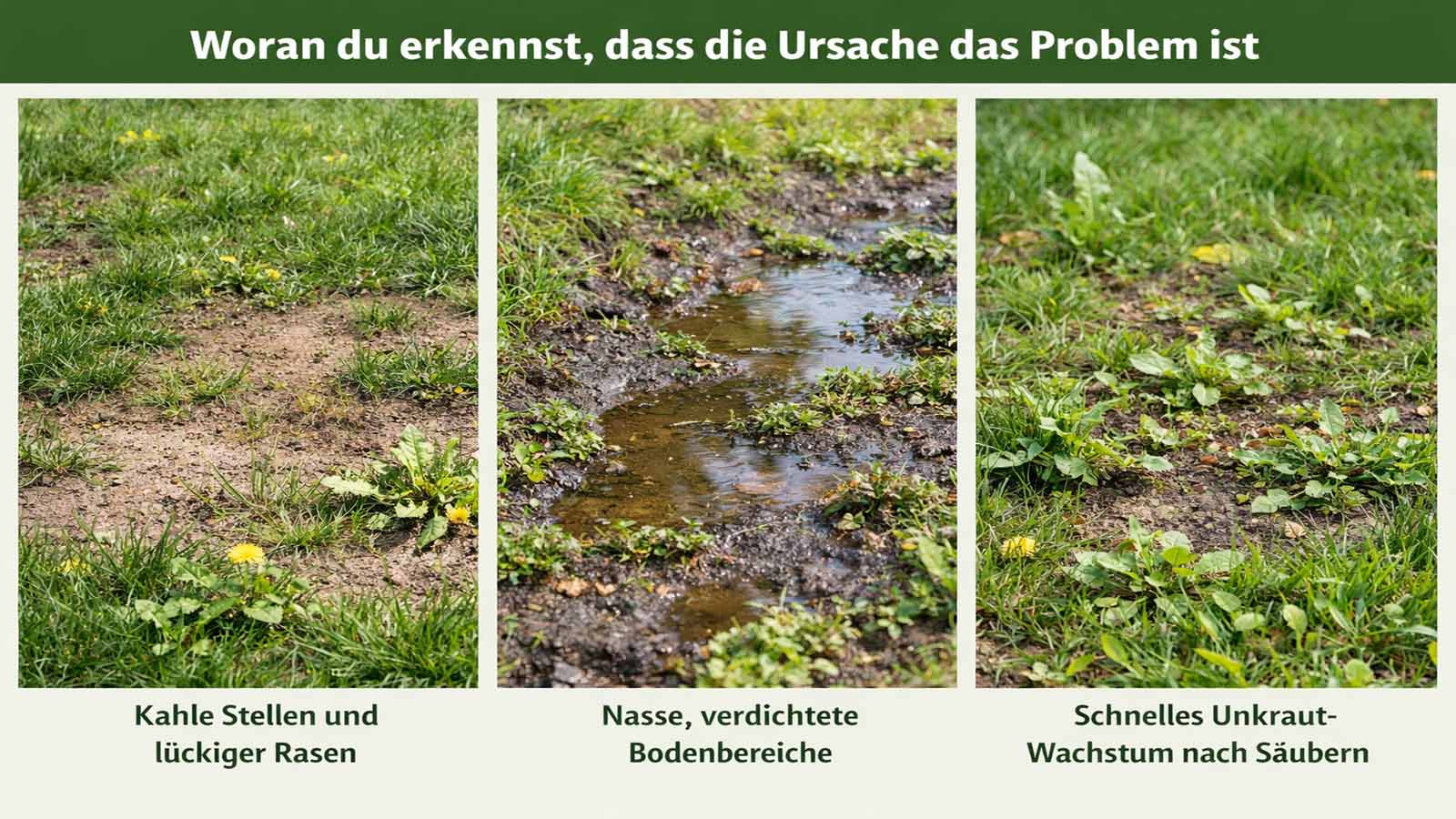 Dreiteiliges Querformat mit typischen Warnzeichen für Ursachenprobleme im Rasen: links kahle, lückige Stellen mit Unkraut, in der Mitte nasser und verdichteter Boden mit Staunässe, rechts schneller neuer Unkrautwuchs in einer geschwächten Rasenfläche.