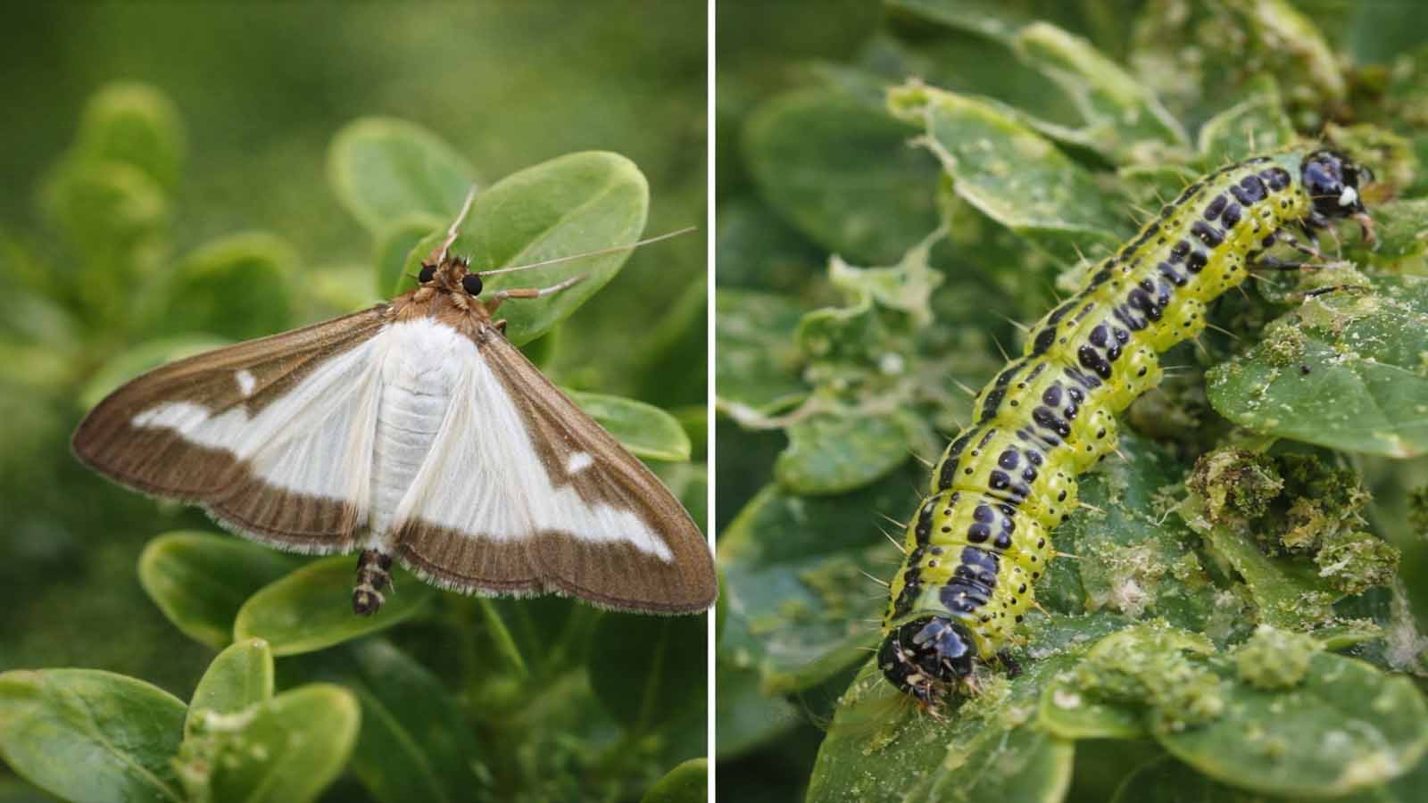 Makroaufnahme im Querformat: links erwachsener Buchsbaumzünsler mit weiß-braunen Flügeln auf Buchsbaumblatt, rechts grün-schwarz gestreifte Larve mit typischen Fraßspuren.