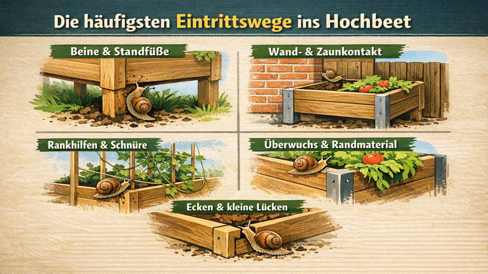 Querformat-Infografik zu typischen Eintrittswegen von Schnecken ins Hochbeet: Beine und Standfüße, Wand- oder Zaunkontakt, Rankhilfen und Schnüre, überhängende Pflanzen am Rand sowie Ecken und kleine Lücken.