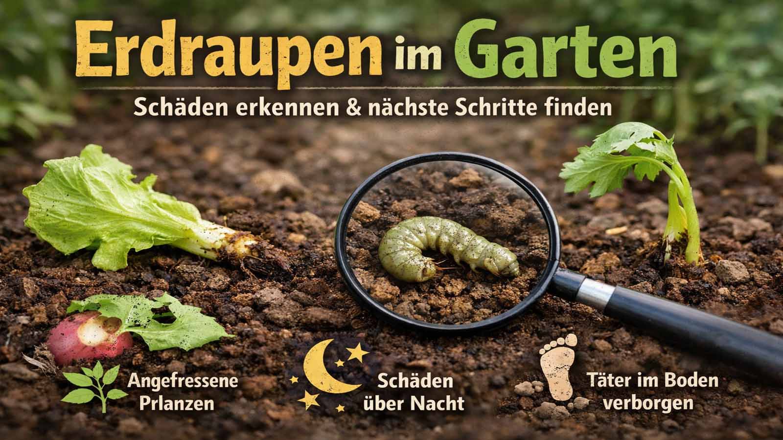Beitragsbild zu Erdraupen im Garten mit angefressenen und umgekippten Jungpflanzen im Beet, einer Lupe auf einer Erdraupe im Boden sowie kurzem Hinweis auf typische Schäden und nächste Schritte.
