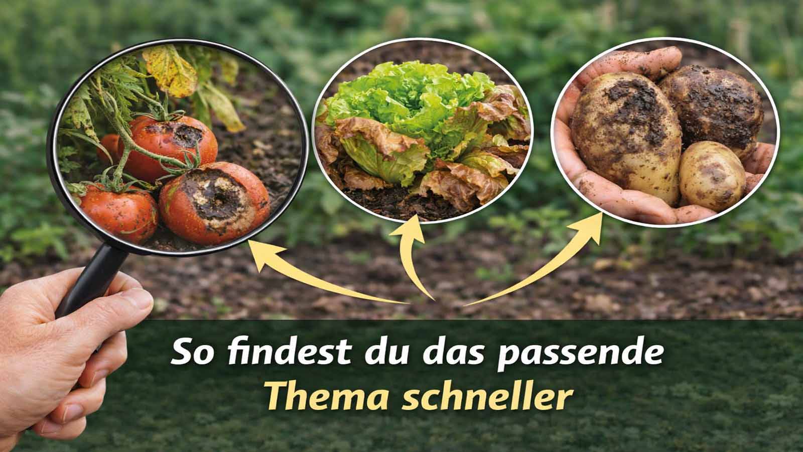 Querformatiges Beitragsbild mit Lupe über faulenden Tomaten sowie weiteren Problembeispielen bei Salat und Kartoffeln, dazu der Text „Gemüseprobleme schneller richtig einordnen“