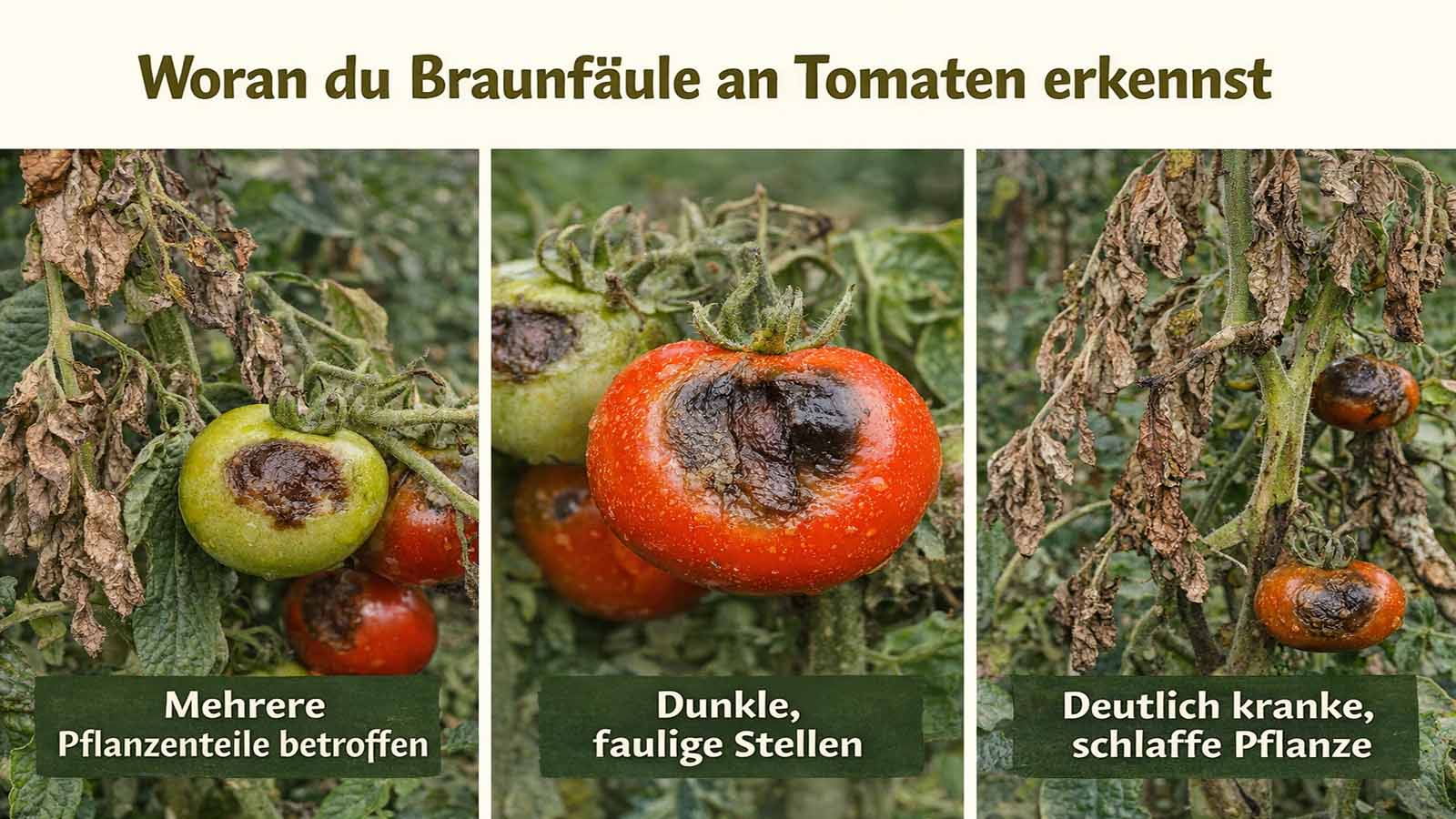 Dreiteiliges Beitragsbild zu Braunfäule an Tomaten mit befallenen Früchten, braun-schwarzen fauligen Stellen, geschädigten Blättern und einer deutlich kranken Tomatenpflanze.