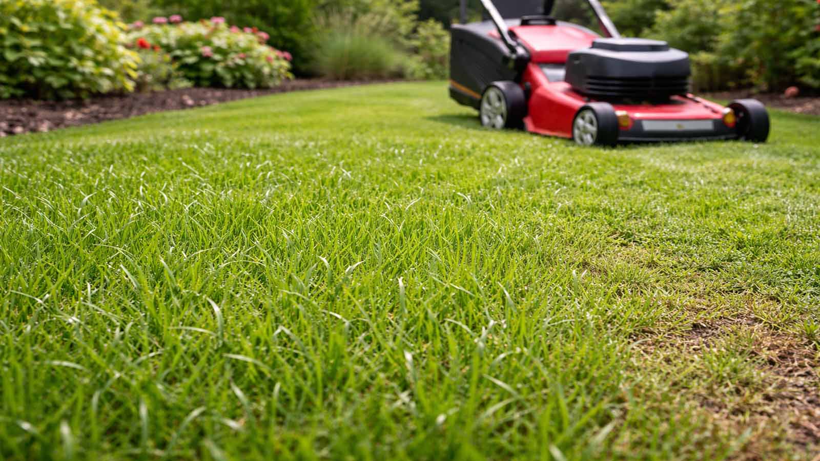 Querformatbild eines jungen Rasens im Garten mit frischen, noch weichen Halmen nach der Nachsaat. Im Hintergrund steht ein Rasenmäher, während im Vordergrund die empfindliche, noch nicht voll belastbare Fläche zu sehen ist. Das Bild verdeutlicht, dass frisch nachgesäter Rasen nicht wie ein eingewachsener Bestandsrasen gemäht werden sollte.