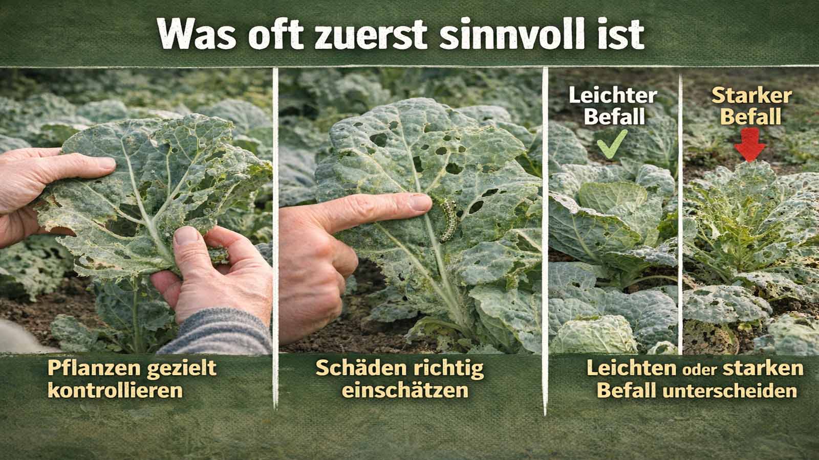 Dreiteiliges Bild mit befallenen Kohlpflanzen: links Kontrolle der Blätter, mittig Einschätzung von Fraßschäden, rechts Vergleich zwischen leichtem und starkem Kohlmotte-Befall.