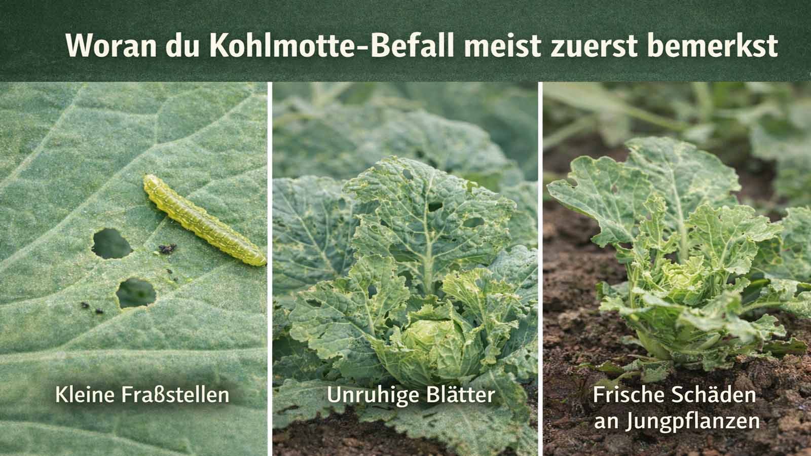 Dreiteiliges Querformat-Bild zu frühem Kohlmotte-Befall mit kleinen Fraßstellen, unruhigen Kohlblättern und frischen Schäden an jungen Kohlpflanzen.