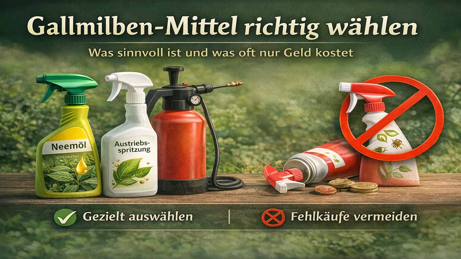 Beitragsbild zu Gallmilben-Mitteln: verschiedene Sprüh- und Hilfsmittel auf einem Gartentisch, daneben ein Warnsymbol für Fehlkäufe und der Hinweis, Mittel gezielt statt vorschnell auszuwählen.