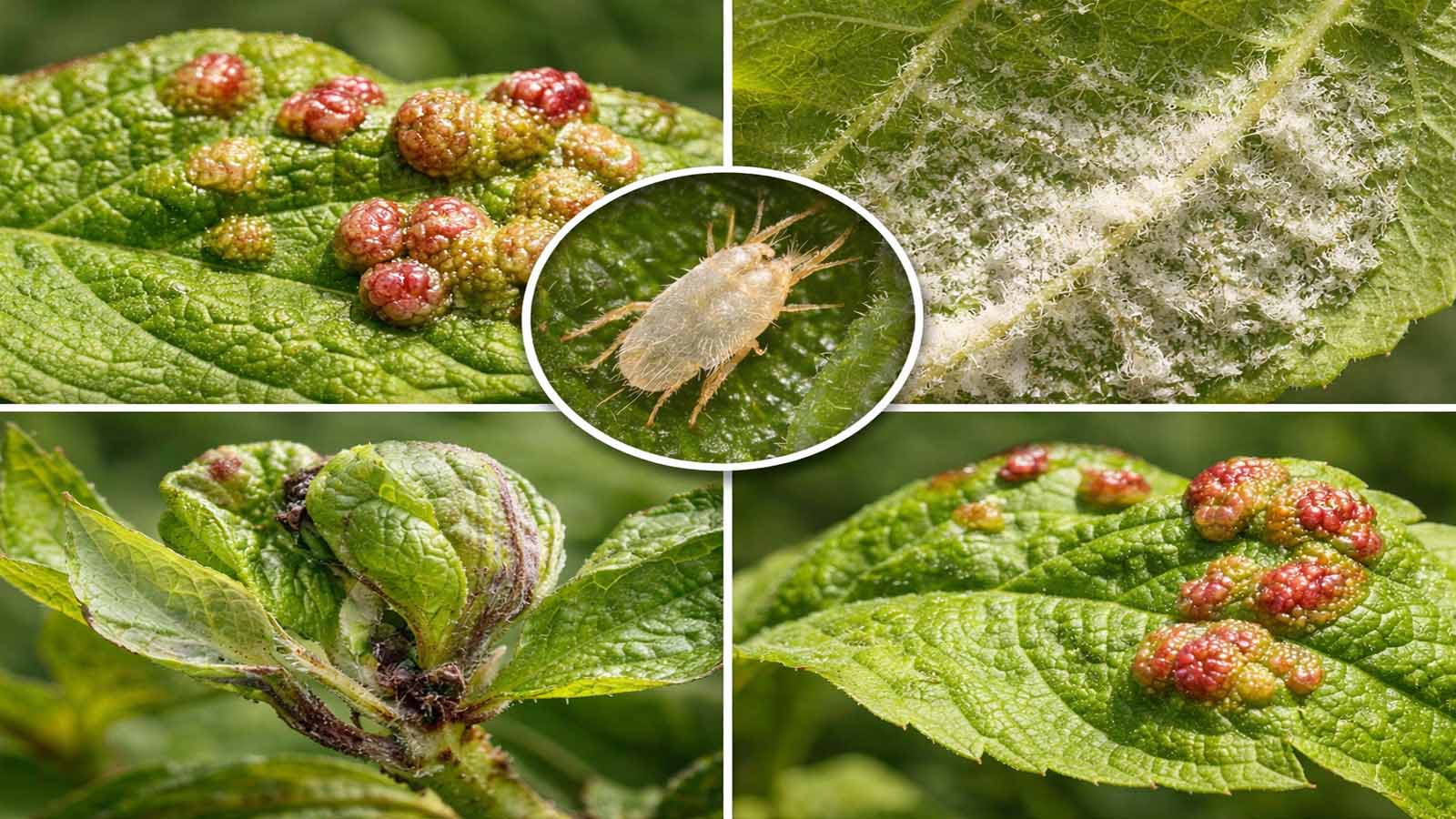 Realistische Makro-Collage zu Gallmilben mit pockigen Blattwölbungen, filzigem Belag auf der Blattunterseite und verformtem jungen Austrieb.
