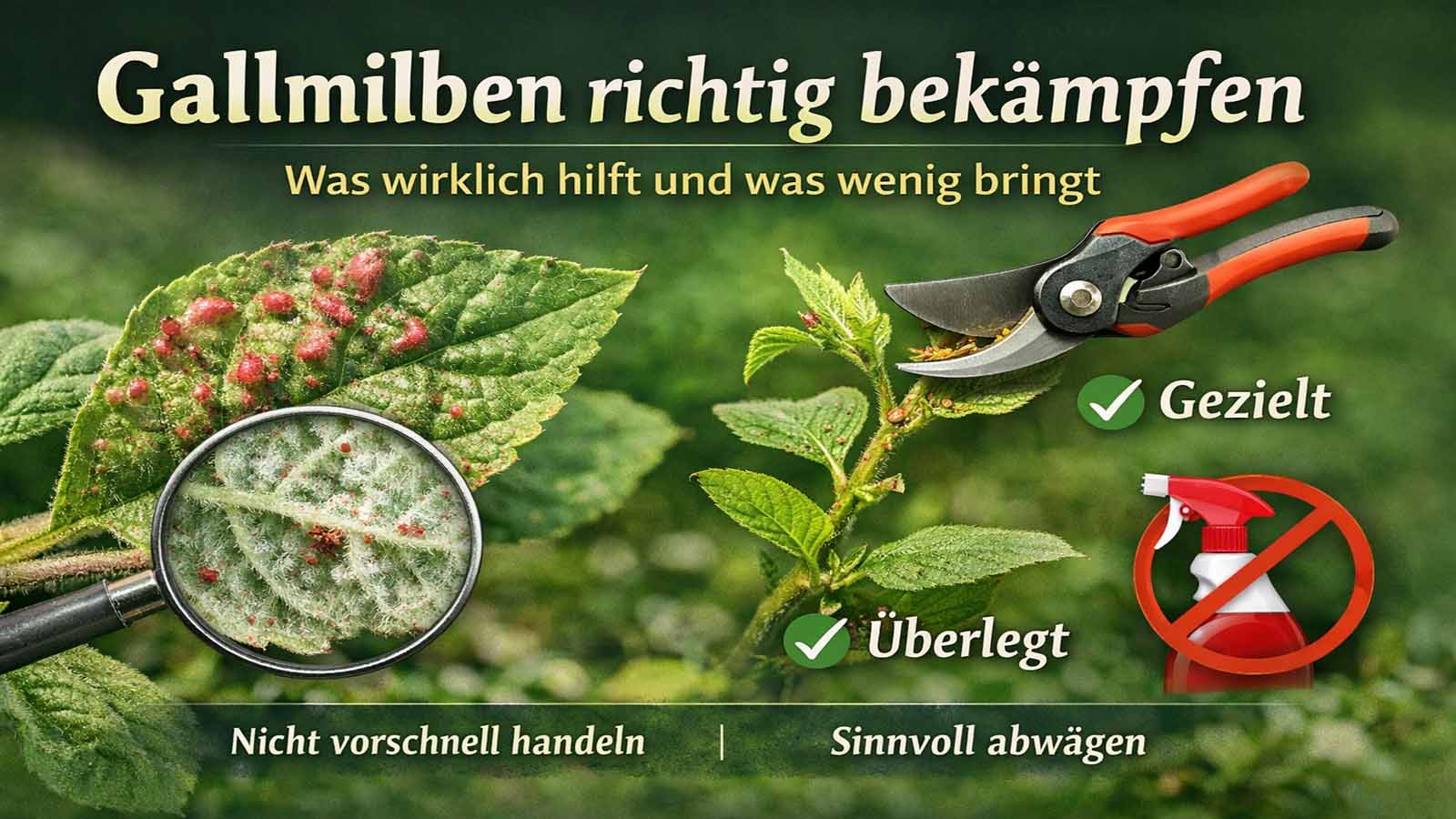 Beitragsbild zu Gallmilben: befallenes Blatt mit typischen Pocken und filziger Unterseite, daneben Gartenschere für gezielten Rückschnitt und durchgestrichene Sprühflasche als Hinweis, nicht vorschnell zu spritzen.