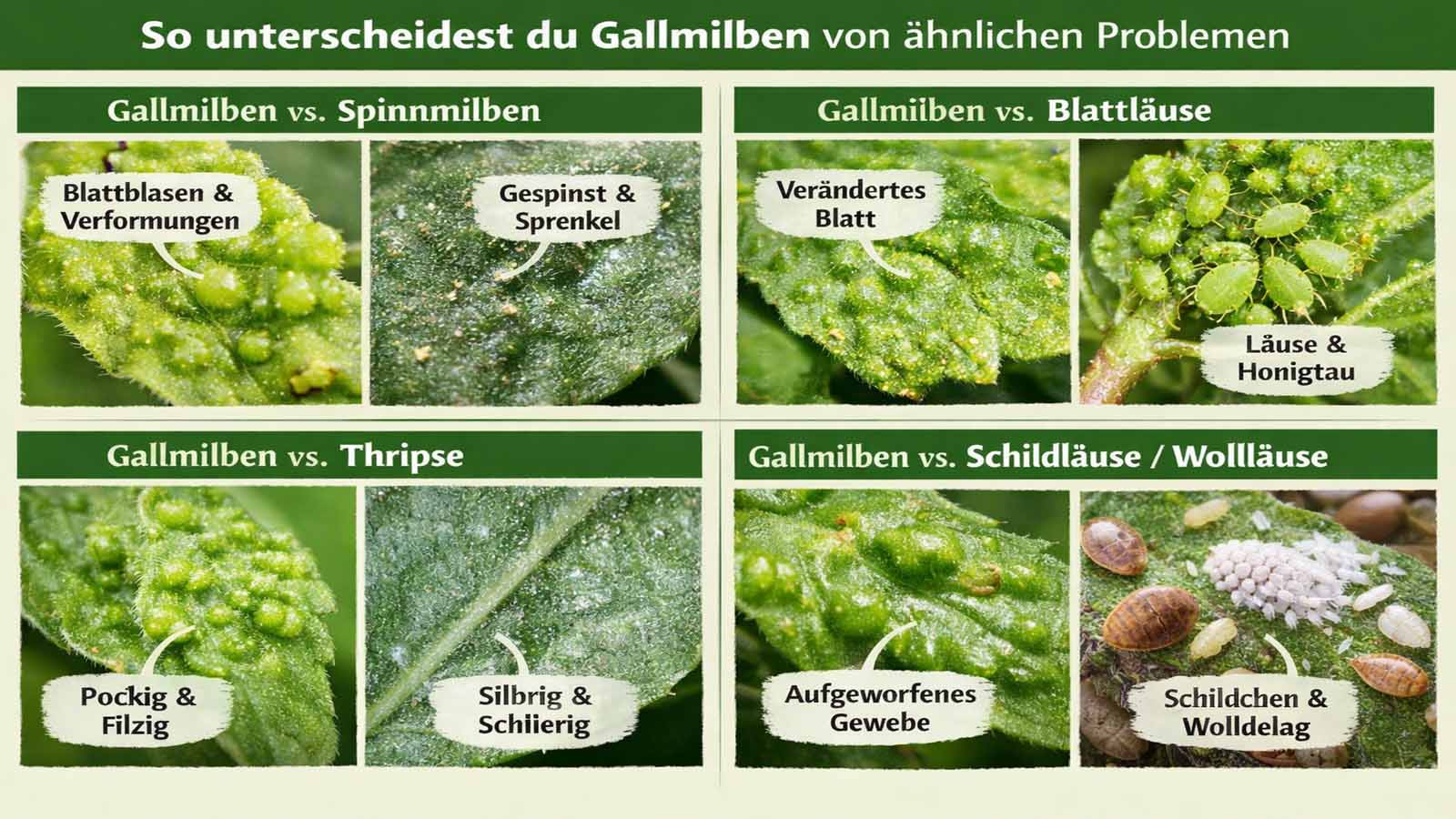 Viergeteilte Vergleichsgrafik zu Gallmilben im Garten: Gallmilben vs. Spinnmilben, Blattläuse, Thripse sowie Schildläuse und Wollläuse anhand typischer Blattschäden und sichtbarer Merkmale.