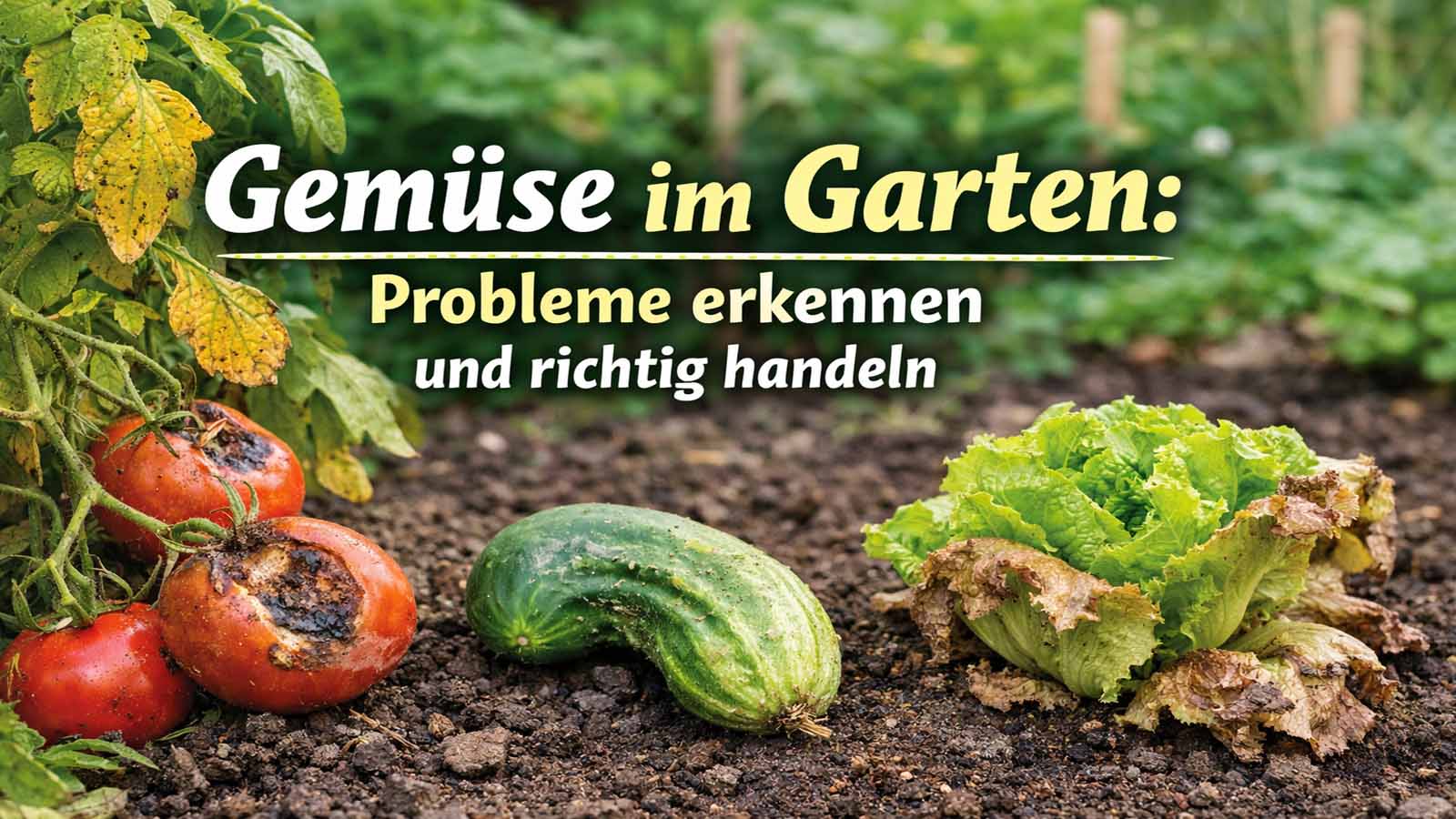 Beitragsbild mit geschädigten Gemüsepflanzen im Garten: Tomaten mit fauligen Stellen, verformte Gurke und welker Salat, dazu der Text „Gemüse im Garten: Probleme erkennen und richtig handeln“