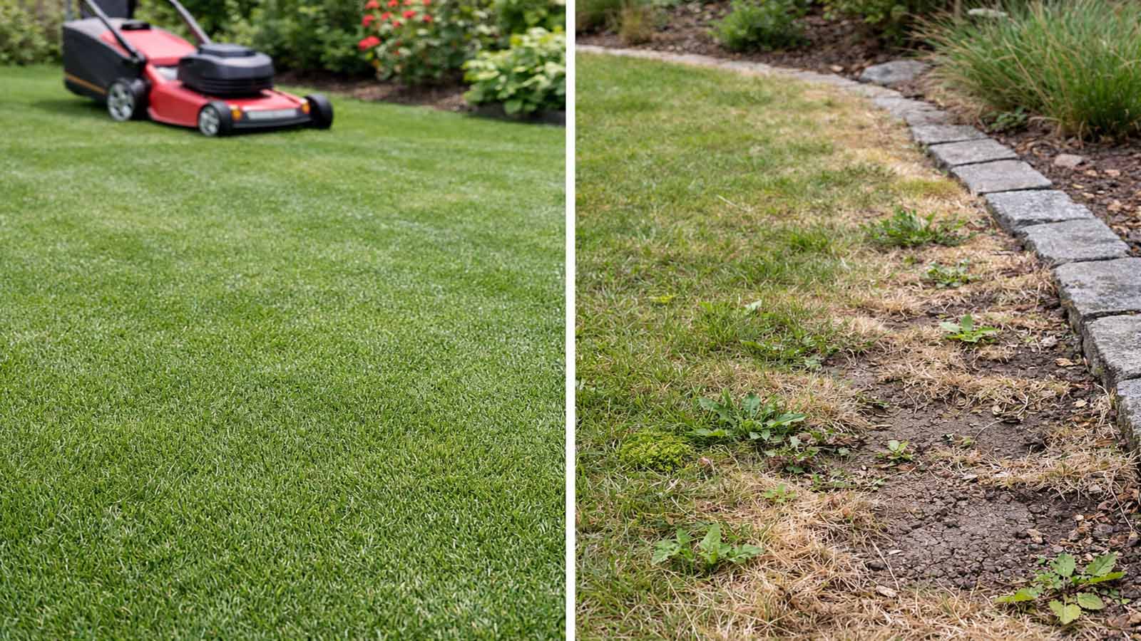 Zweiteiliges Vergleichsbild eines Rasens im Garten: links dichter, gleichmäßig grüner und gesund wirkender Rasen nach passender Schnitthöhe, rechts ein durch zu kurzes Mähen gestresster Rasen mit helleren Stellen, trockenen Bereichen, Lücken, sichtbarem Boden und ersten Unkräutern an der Rasenkante.