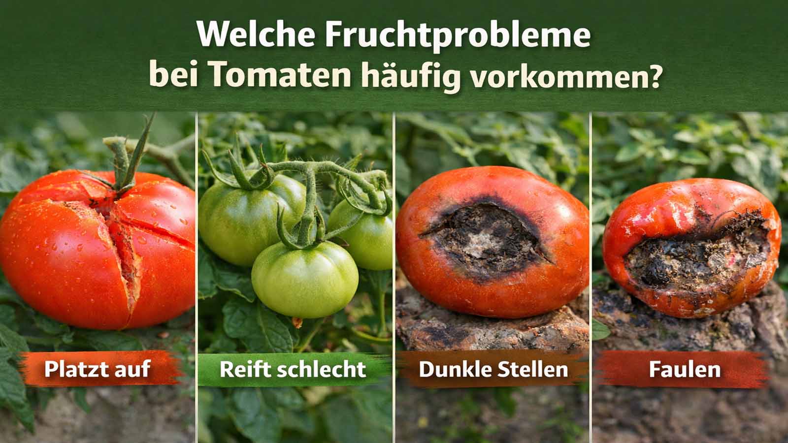 Viergeteiltes querformatiges Beitragsbild mit typischen Tomaten-Fruchtproblemen: aufgeplatzte Tomate, grüne unreife Tomaten, Tomate mit dunkler eingesunkener Stelle und faulende Tomate. Wenig Text zur schnellen Einordnung der Fruchtsymptome.