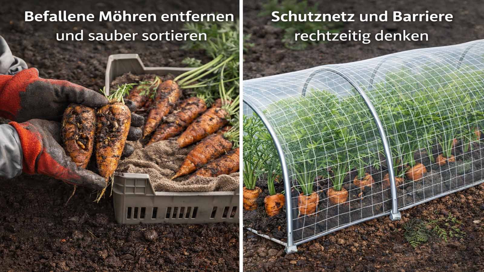 Zweigeteiltes Vergleichsbild zur Möhrenfliege-Bekämpfung: links werden befallene Möhren aussortiert und entfernt, rechts wachsen Karotten geschützt unter einem feinmaschigen Schutznetz als vorbeugende Barriere.