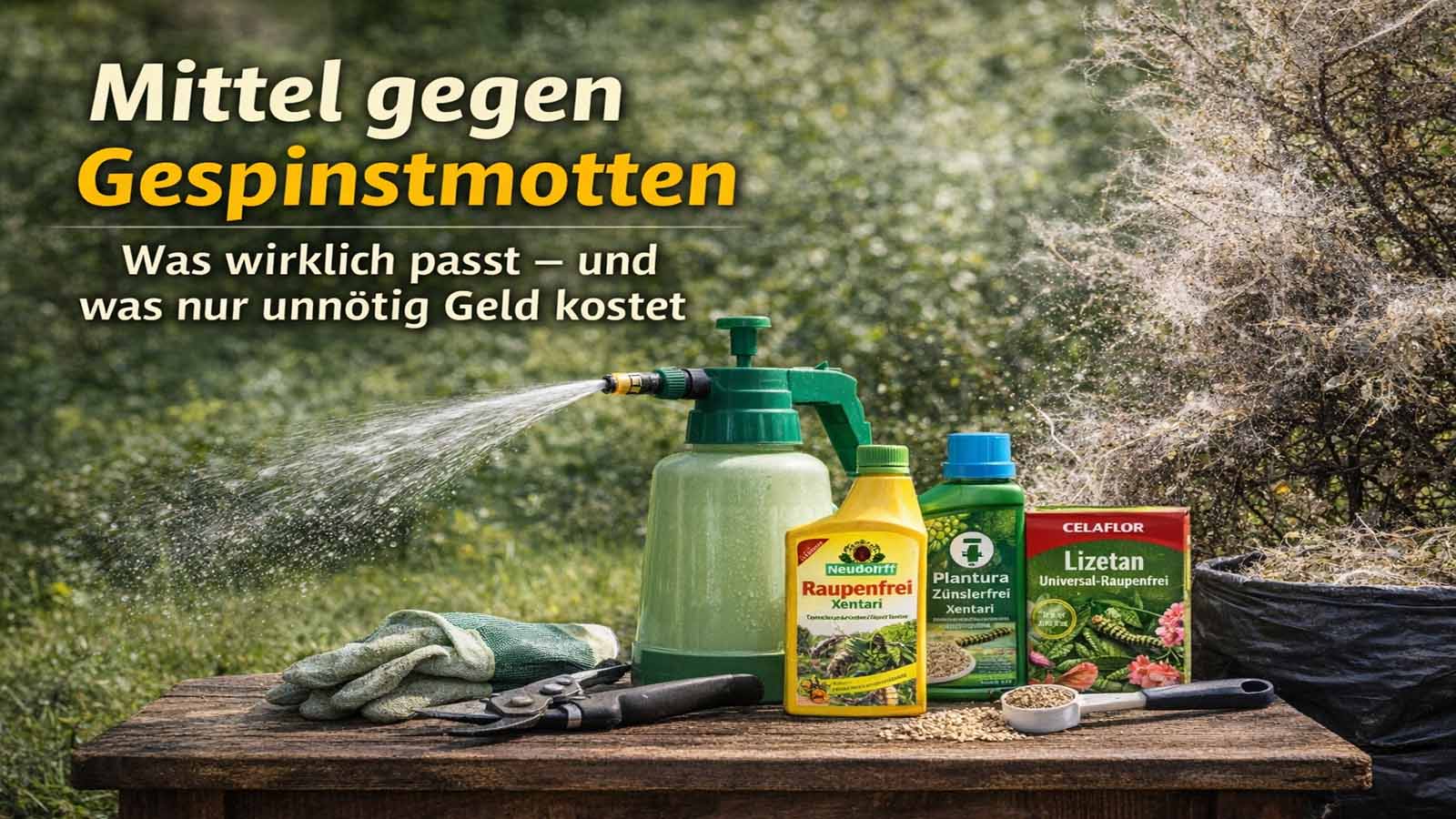 Beitragsbild zu Mitteln gegen Gespinstmotten mit eingesponnenem Strauch, Sprühgerät, Handschuhen, Schere und verschiedenen raupengeeigneten Produkten im Garten.