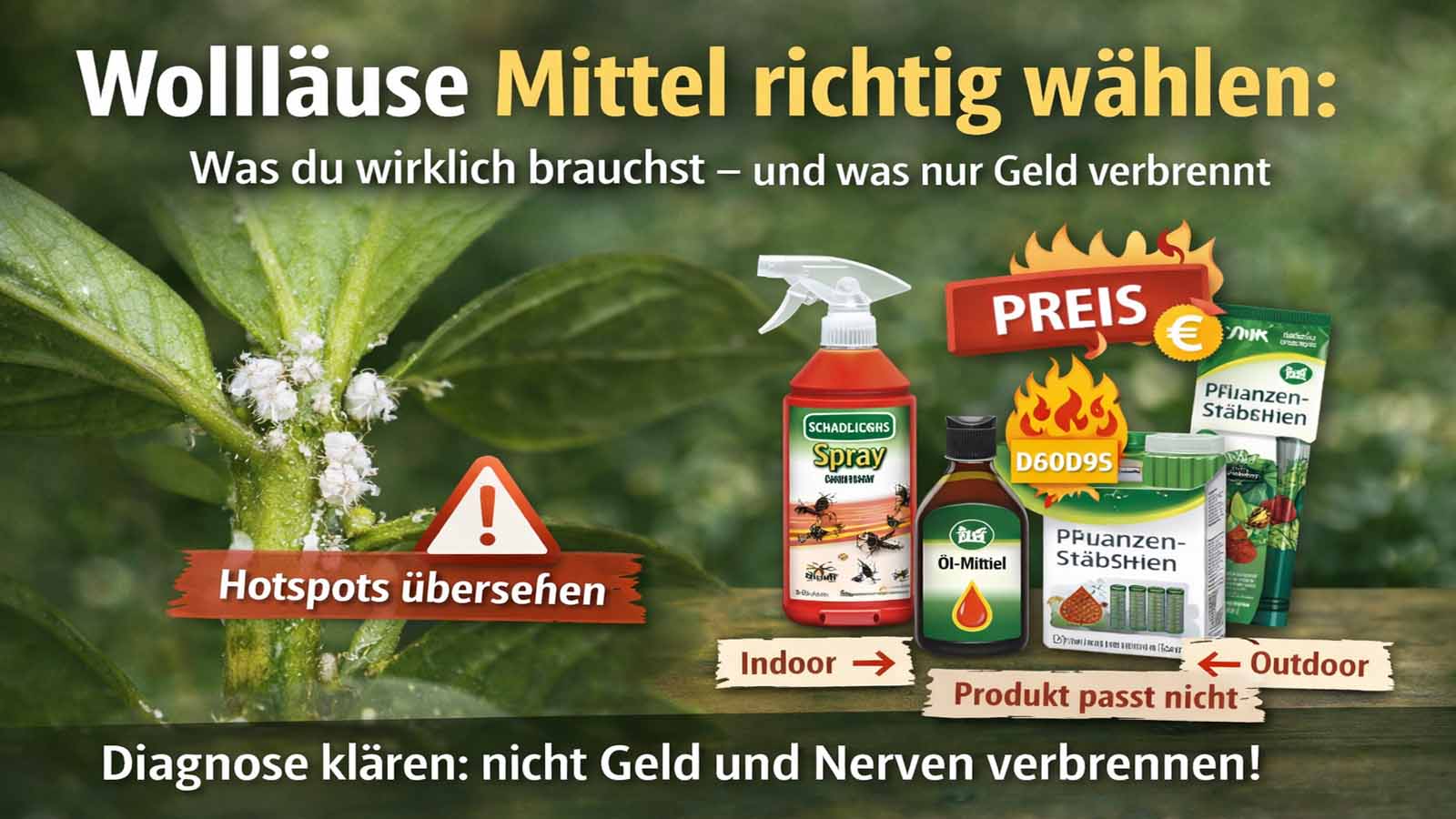 Beitragsbild mit Wollläusen am Blattstiel und Produkt-Symbolen (Spray, Ölmittel, Pflanzen-Stäbchen) sowie Hinweisen zu Hotspots und Indoor/Outdoor – Kaufhilfe gegen Fehlkäufe.