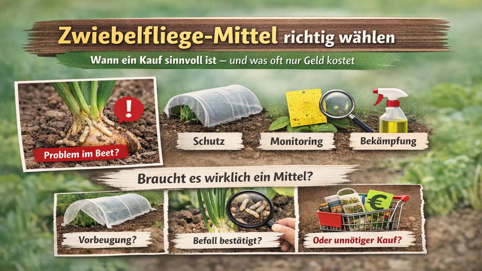 Beitragsbild zu Zwiebelfliege-Mitteln mit wenig Text: geschwächte Zwiebel im Beet, Schutznetz, Gelbsticker, Lupe und Sprühflasche als Symbole für Schutz, Monitoring und gezielte Kaufentscheidung.