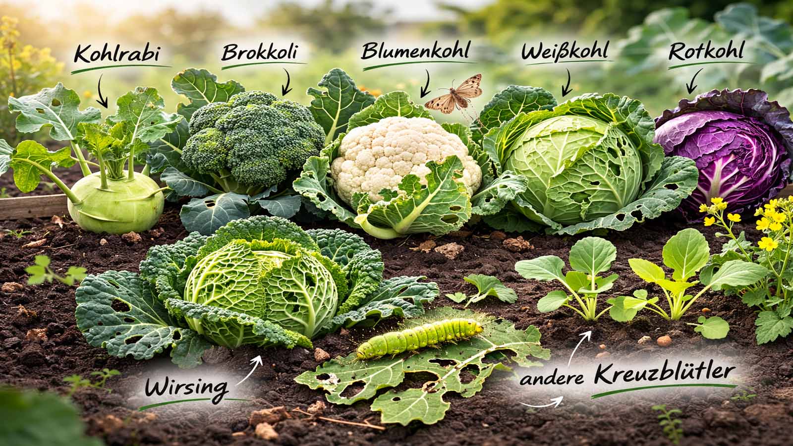 Querformatiges Beitragsbild mit typischen Wirtspflanzen der Kohlmotte im Gemüsebeet: Kohlrabi, Brokkoli, Blumenkohl, Weißkohl, Rotkohl, Wirsing und weitere Kreuzblütler.