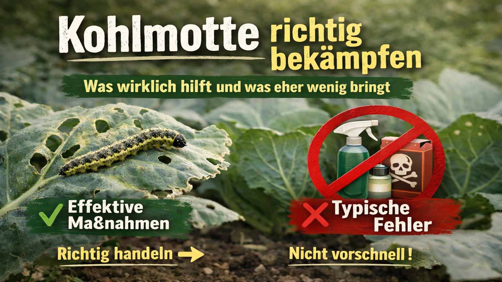 Kohlblatt mit Fraßschäden und Raupe der Kohlmotte im Gemüsebeet, dazu Hinweis auf wirksame Maßnahmen und typische Fehler bei der Bekämpfung.