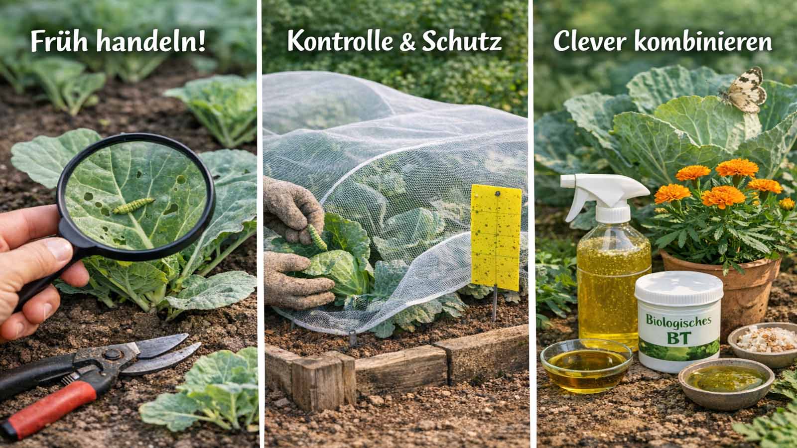 Dreiteiliges Gartenbild zur Kohlmotte-Bekämpfung: links befallenes Kohlblatt mit Lupe und Raupe, mittig Kohlbeet mit Schutznetz und Gelbtafel, rechts biologische Mittel und Begleitpflanzen als kombinierte Maßnahmen.