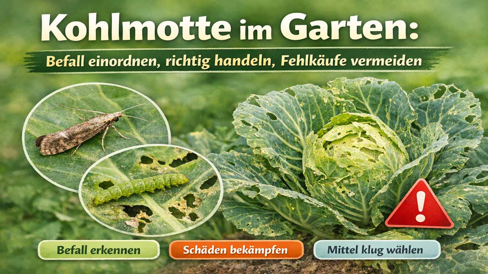 Beitragsbild zur Kohlmotte im Garten mit Kohlkopf, Fraßschäden an Kohlblättern, Kohlmotte und grüner Raupe sowie dem Hinweis auf Befall erkennen, Schäden bekämpfen und Mittel klug wählen.