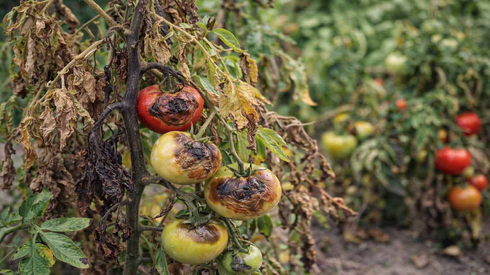 Natürliches Foto einer stark geschädigten Tomatenpflanze mit welken, braun vertrockneten Blättern, dunklen Stängeln und mehreren faulig verfärbten Tomatenfrüchten im Beet.