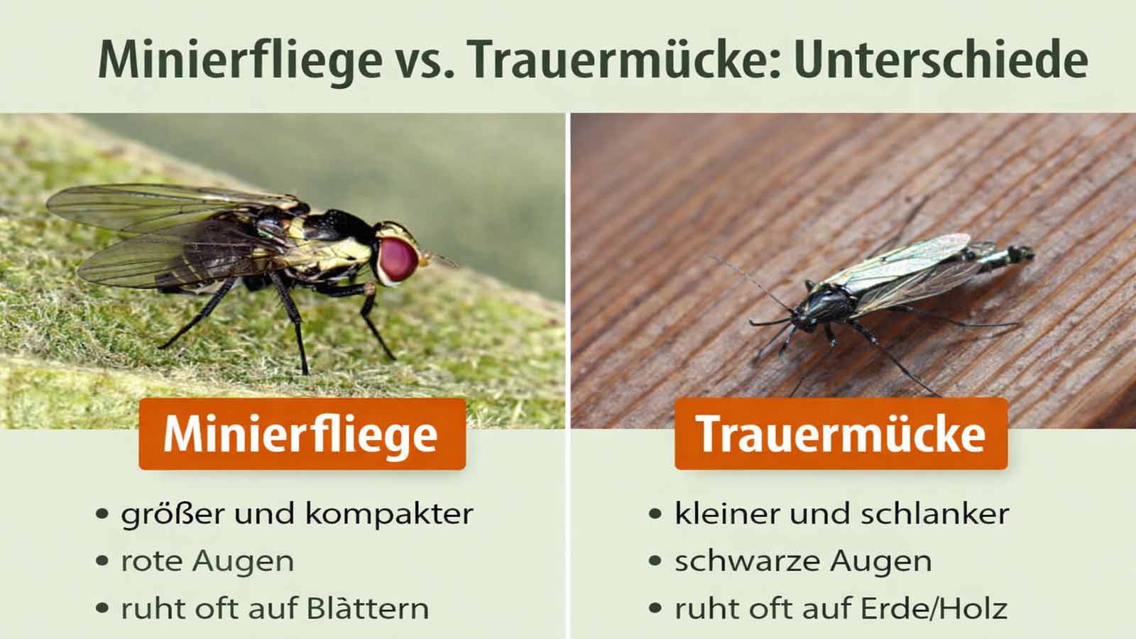 Nebeneinander dargestellte Nahaufnahme einer Minierfliege auf einem Blatt und einer Trauermücke auf Holz, mit sichtbaren Unterschieden in Körperform und Größe.