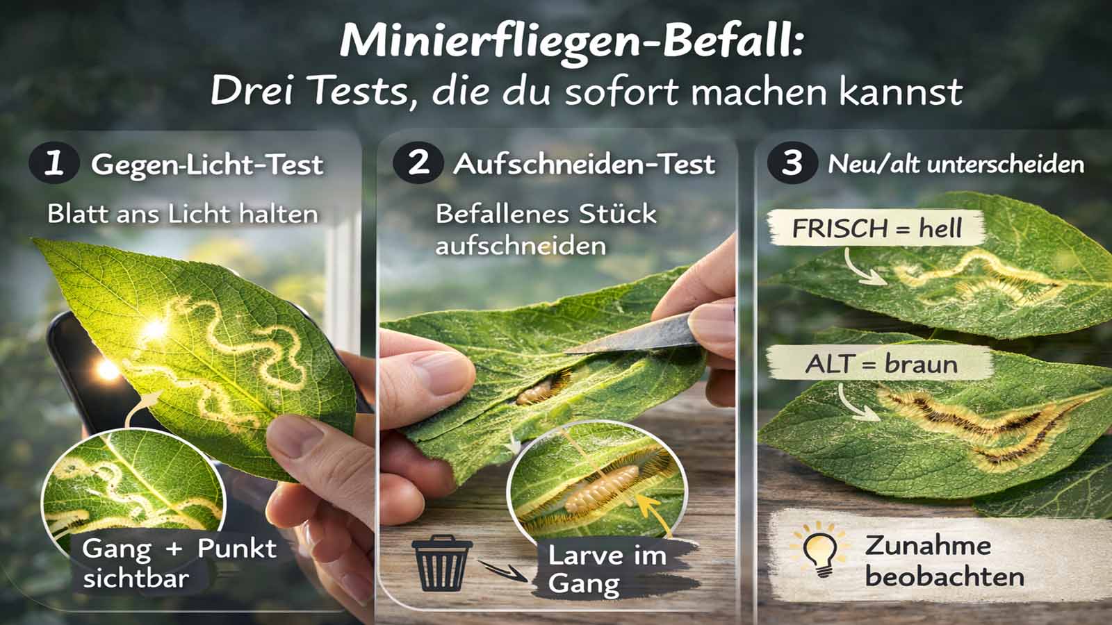 Dreiteiliges Bild zur Diagnose von Minierfliegen-Befall: links Blatt im Gegenlicht mit sichtbarem Gang, mittig aufgeschnittenes Blatt mit Larve im Tunnel, rechts Vergleich von frischem hellem und altem braunem Miniergang.